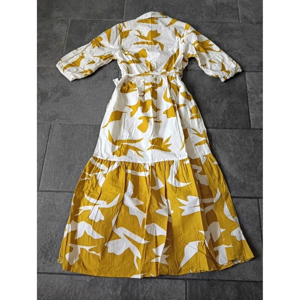 Boho Resortwear 100% Cotton Mustard Yellow White Abstract Maxi Shirtdress S - Picture 4 of 10